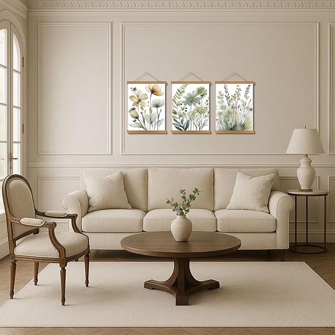 Hanging Botanical flowers Wall Art Set of 3, Watercolor Sage Botanical Plant Floral Canvas Prints Wall Decor, Boho Minimalist Poster Print Artwork for Living Room Bedroom Bathroom Home Decor 12x16In