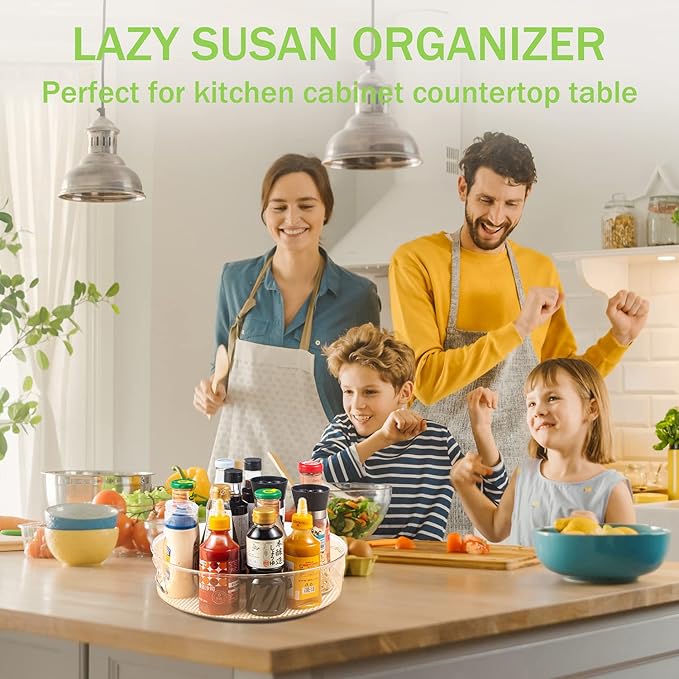 2 Pack Lazy Susan Cabinet Organizer with Handle 12 inch, Clear Spinning Lazy Susan Turntable for Pantry, Kitchen Sink, Corner Cabinet, Bathroom, Countertop, Non-Skid Liners Included, Free Rotating