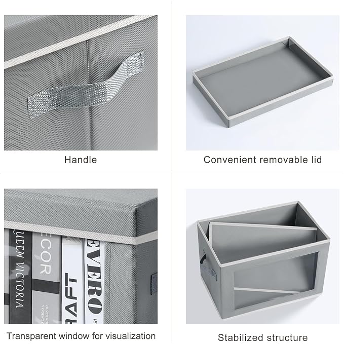 Large Storage Bins with Lids - Stackable Cube Bins for Closet, 5 Pack Clear Windows Fabric Organizer Bins, Home Organizers and Storage for Clothes, CD, Towels, Grey