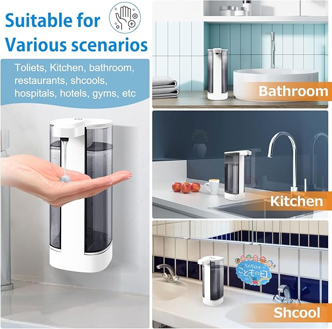 Automatic Liquid Soap Dispenser, Rechargeable,Touchless,17oz/500ml with 4 Adjustable Soap Levels, Wall Mount & Waterproof, Liquid Hand/Dish Soap Dispenser for Bathroom Kitchen