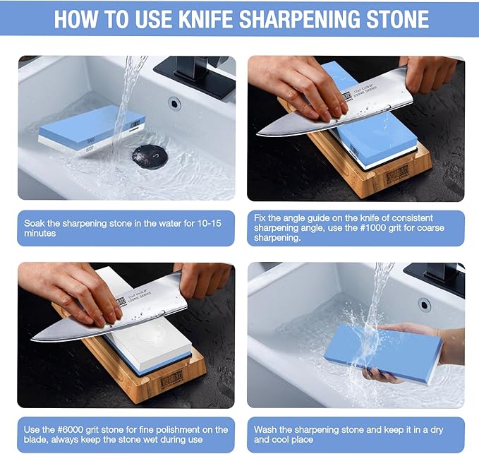 HOSHANHO Knife Sharpening Stone Set, Dual Grit Whetstone 1000/6000 Knife Sharpener, Wet Stone for Sharping Knives with Non-slip Rubber Base Angle Guide