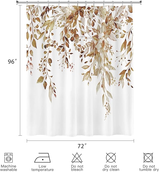 Extra Long Eucalyptus Shower Curtain 72 x 96 Inch, Brown Botanical Floor to Ceiling X-Long Shower Curtain, Watercolor Plant Leaves with Floral Decorative Bathroom Curtain with Hooks