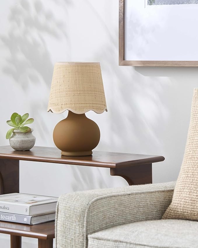 BoutiqueRugs Navarro Boho Ceramic Bedside Table Lamp for Bedroom Nightstand and Living Room - Shade Rattan - Brown, Beige - 13" H