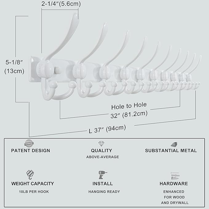 Dseap MaxStrong 2.0 Coat Rack Wall - 37” Long 10 Tri Hooks - Ultra Heavy-Duty Stainless Steel Wall Mount Coat Hanger, Hook Rail for Clothes Hats Jacket Towels White