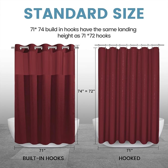 Burgundy No Hook Shower Curtain with Snap in Liner,230GSM Waffle Weave Shower Curtains for Bathroom,71W x 74H