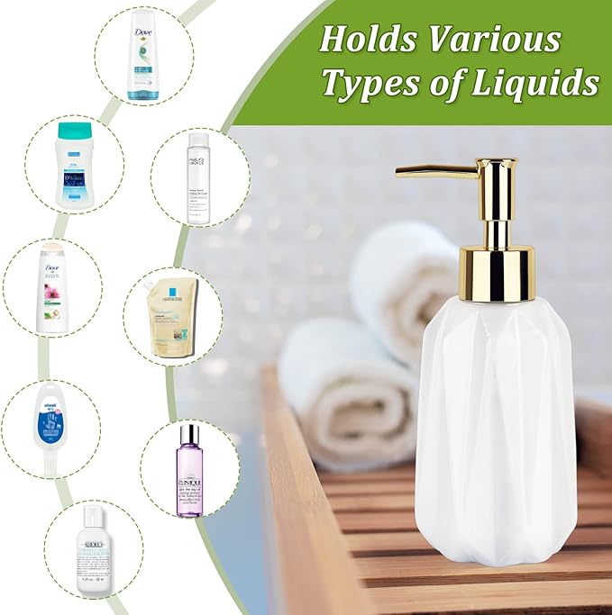 Natheeph Dish Soap Dispenser, Hand Soap Dispenser Ceramic Bottle, Refillable Liquid Great for Kitchen Dish Soap, Hand Soap, Essential Oil & Lotion (New White)