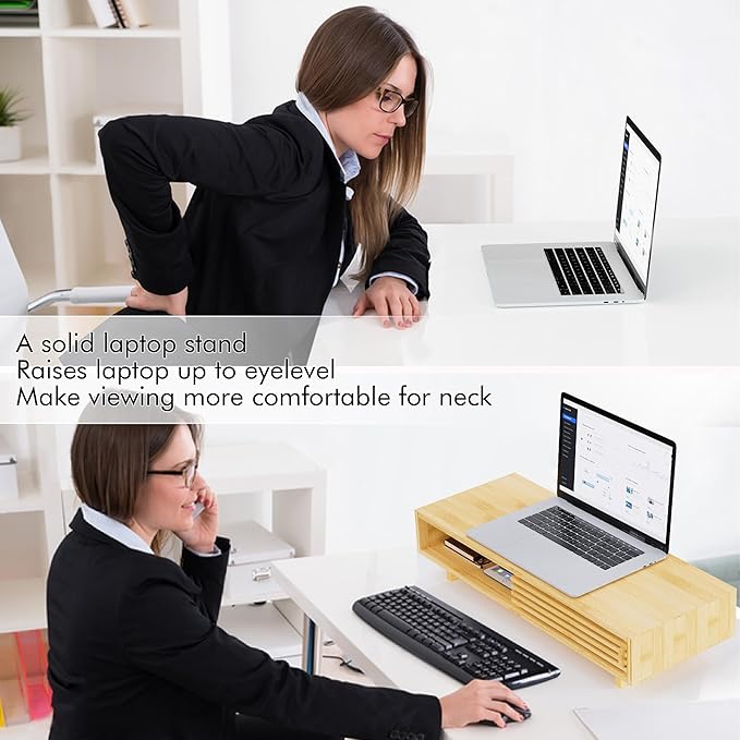 Zri Bamboo Computer Monitor Stand with Drawer, Dual Laptop Stand for Desk,Single Monitor Riser with Storage,Wood Office Desk Organizer & Accessories