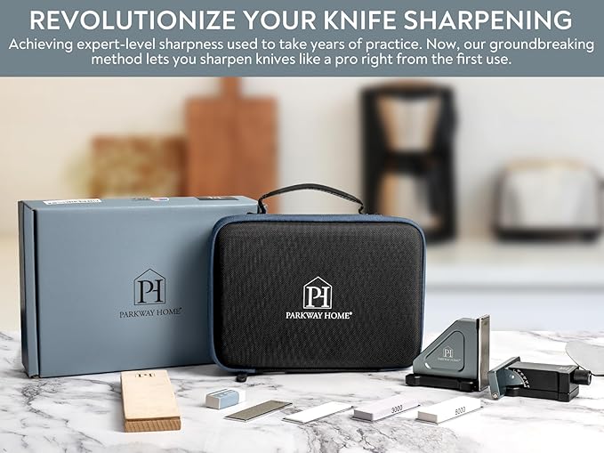 ORIGINAL ADJUSTABLE ROLLING KNIFE SHARPENER KIT: Adjustable Height, 30 Angle Options, 5 Removeable Whetstone Plates, Leather Strop with Travel Case - Kitchen Knife Sharpener
