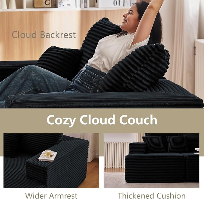140" L Shaped Cloud Sectional Couch for Living Room, Modular Floor Deep-Seat Sofa, Big Comfy Corduroy Couches Set with Fluffy Memory Foam for Living Room Bedroom, No Assembly Required, Black