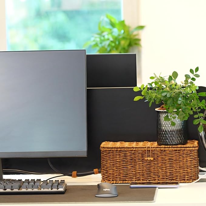 BROWNLILY Cable Management Box, Rattan Style Cord Organizer for Desk Cord Hider Outlet Covers Baby Proofing for Power Strip TV PC Router Charger Under Desk Storage with Lockable Lid and Cable Ties