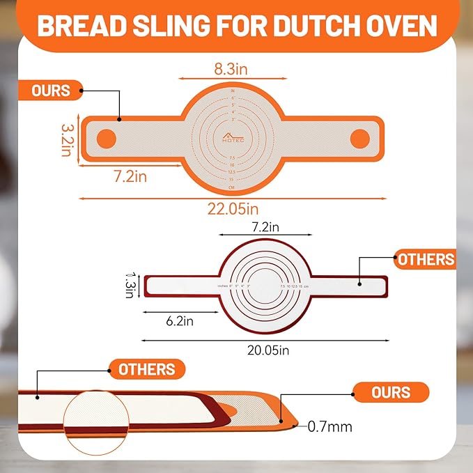 HOTEC Silicone Bread Sling for Dutch Oven - 2 Pack Non-Stick Baking Mat with Long Handle Easy to Transfer Sourdough Bread, Reusable Heat Resistant to 500°F/260°C Dutch Oven Liners Baking Supplies