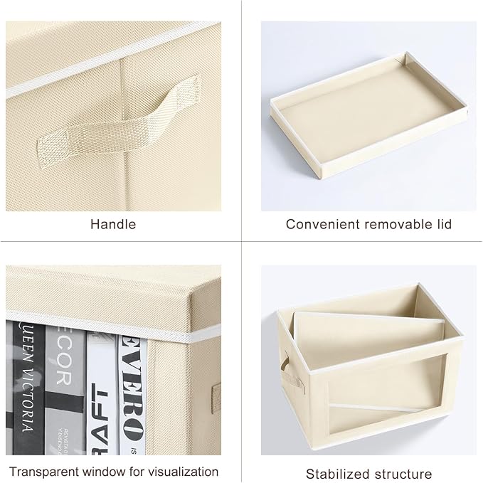 Large Storage Baskets with Lids - Stackable Cube Bins for Closet, 6 Pack Beige Windows Organizer Bins, Home Organizers and Storage for Clothes, CD, Towels