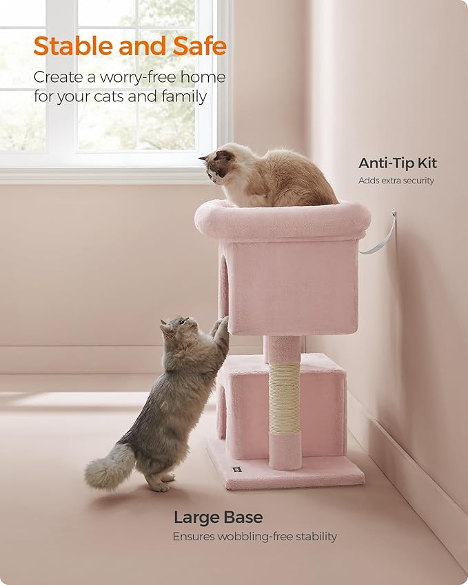 Feandrea Cat Tree, 33.1-Inch Cat Tower, L, Cat Condo for Large Cats up to 16 lb, Large Cat Perch, 2 Cat Caves, Scratching Post, Jelly Pink UPCT061P01