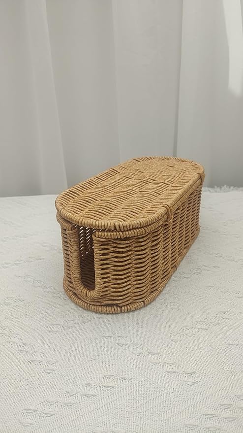 Cable Management Box, Handwoven Faux Rattan Cord Organizer Box with Lid, 2 Open Slots Cable Organizer Box, Decorative Cord Hider Box for Tv Computer USB Hub & Power Strip Holder