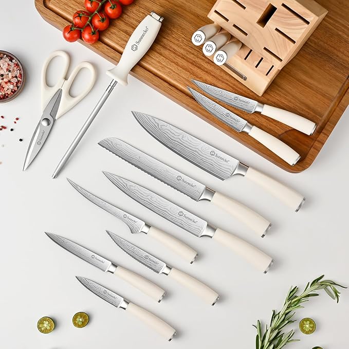Sunnecko Knife Set with Block and Sharpener, 15 Piece Kitchen Knife Block Set Sharp Kitchen Knives High Carbon Stainless Steel with White Handles