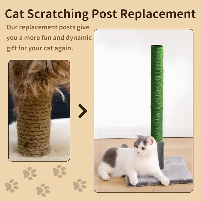 Fhiny 2PCS Cat Scratching Post Replacement, 15.7inch M8 Natural Sisal Cat Scratch Post with Cat Self Groomer Refill Pole Parts Kitten Climbing Furniture Protector Hemp Rope Scratcher for Spare Green
