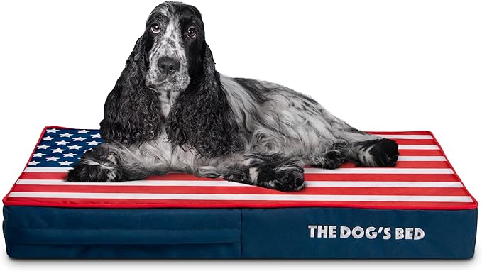 The Dog’s Bed Orthopedic Memory Foam Dog Bed, Medium Blue & Red Trim USA Center Flag, Pain Relief for Arthritis, Hip & Elbow Dysplasia, Post Surgery, Supportive, Calming, Waterproof Washable
