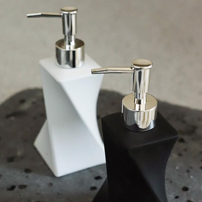 2 Pack Modern White & Black Soap Dispenser Set with Silver Pump for Bathroom and Kitchen, Contemporary Art Style, Matte Finish, Rust Proof, 8.5oz