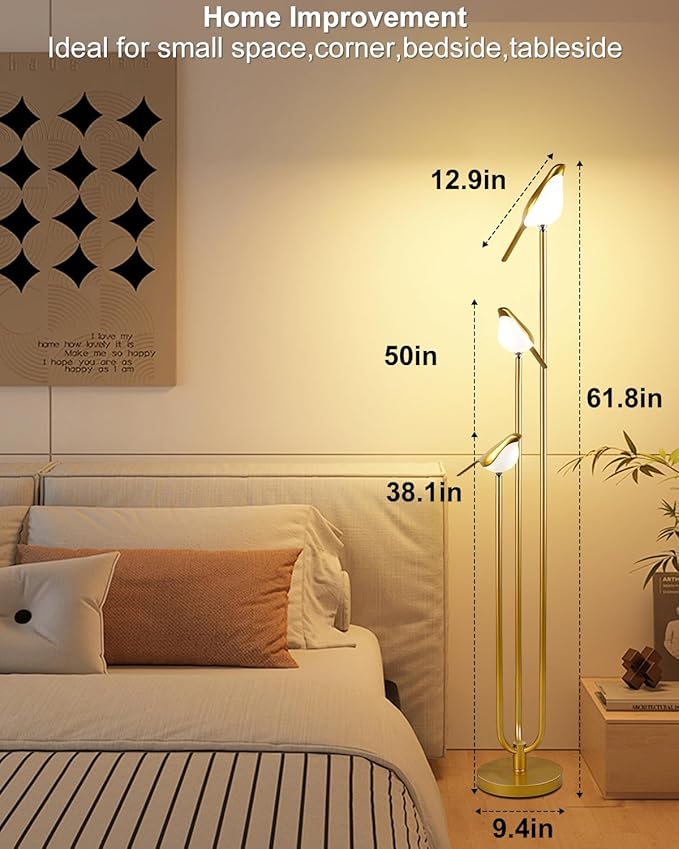 Lightdot Gold Floor Lamp for Living Room Modern Mid Century Standing Light with 3 Adjustable LED Bird Lights for Wedding Party Unique Candle Holder Style Tall Floor Lamp for Bedroom Kids Room