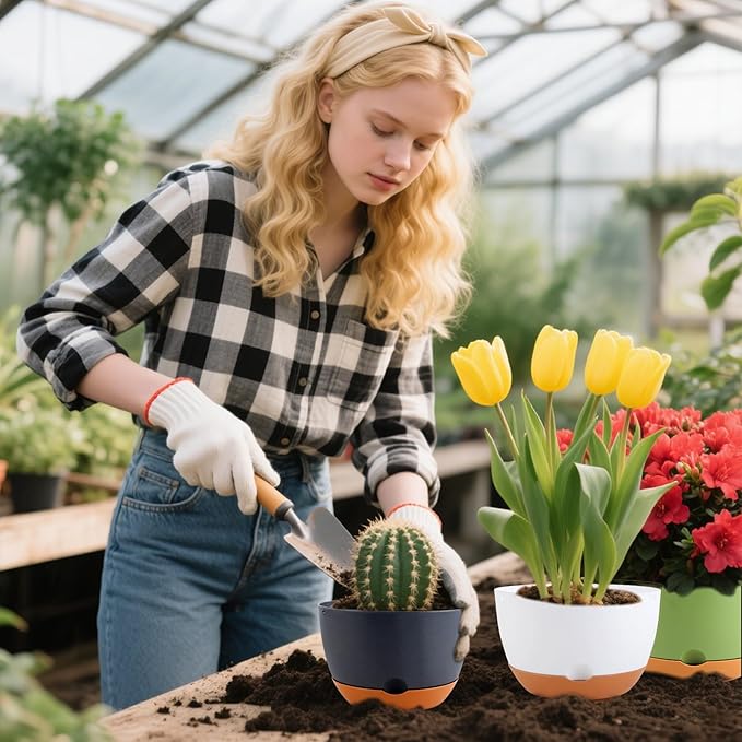 4 Pack Self Watering Pots for Indoor,8 Inch Plant Pot Outdoor Plastic Flower Pot with Drainage and Saucers(White)
