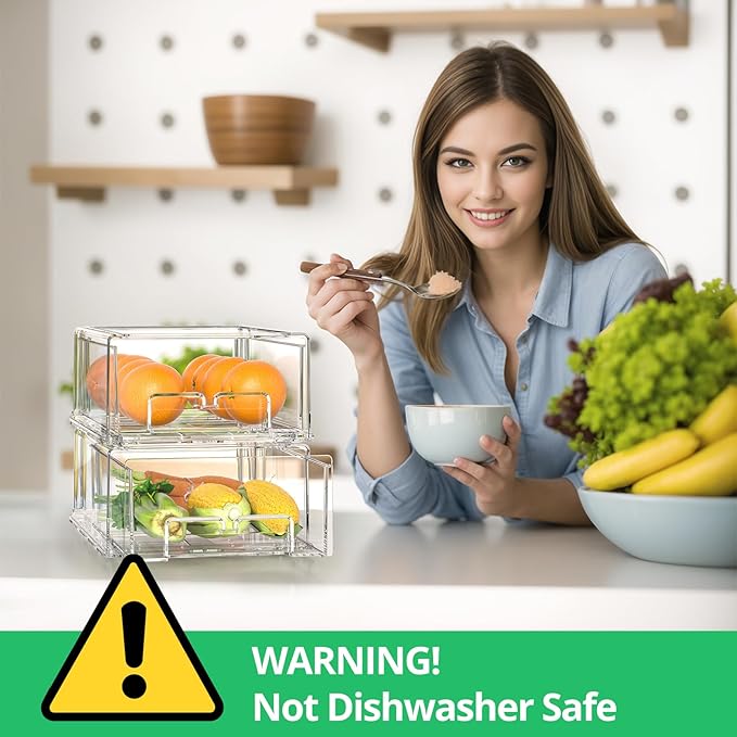 2 Pack Refrigerator Drawers - Fridge Organizer Bins Stackable Storage Drawers, Clear Refrigerator Organizing Containers Pull Out Drawer for Fruit, Vegetable Storage and Keep Fresh