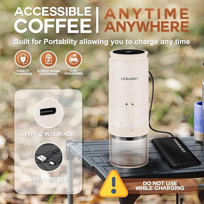 Portable Coffee Grinder – Rechargeable Espresso Coffee Grinder with Stainless Steel Burr Mill for Travel, Camping – Cordless Electric Small Grinders with 38 Adjustable Grind Settings