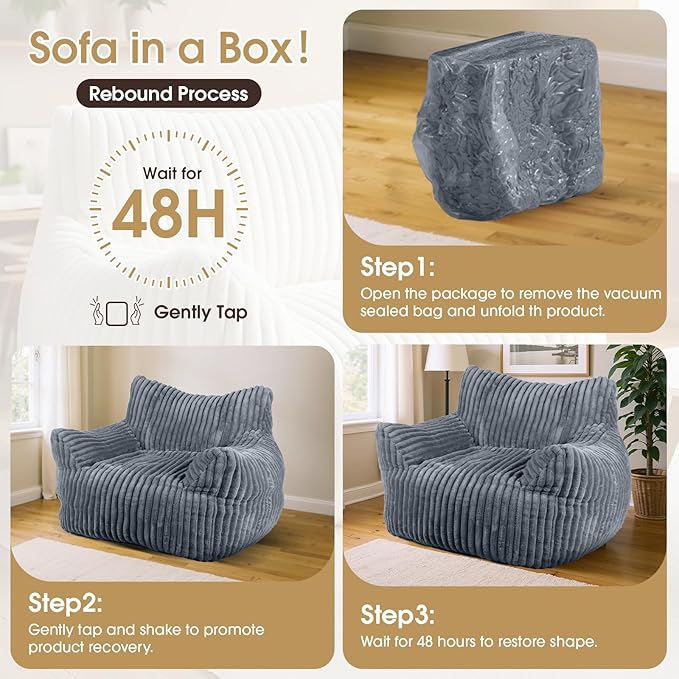 Giant Bean Bag Chair, Oversized Plush Comfy Bean Bag Sofa for Adults and Kids with Armrests, Memory Foam Mini Couch Single Lounges for Living Room, Bedroom & Game Room(Gray)