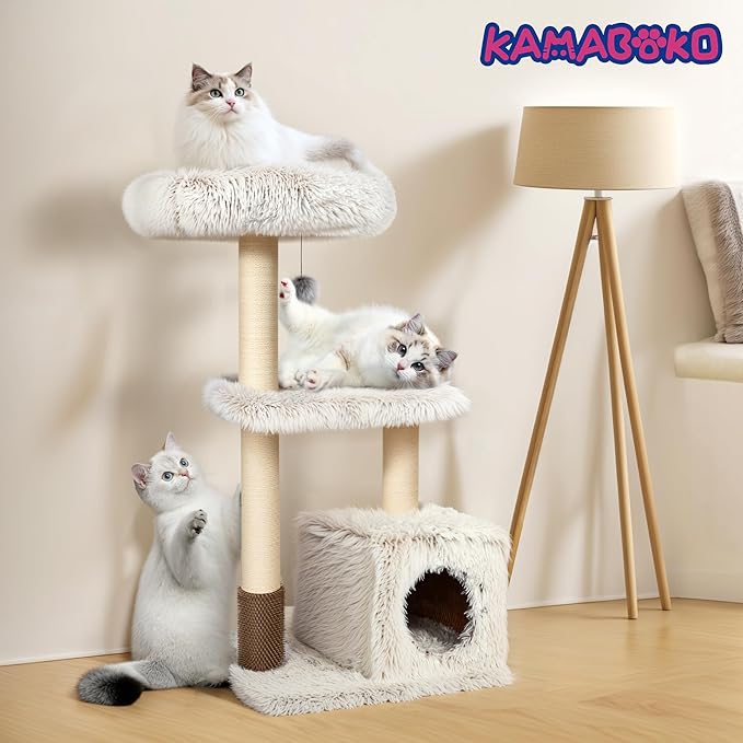 KAMABOKO 41" Tall Cat Tree - Wooden Cat Trees Tower with Cat Condo, Hammock & Top Perch, Modern Tall Cat-Tree w/Natural Sisal Posts for Climb Scratch Play Rest