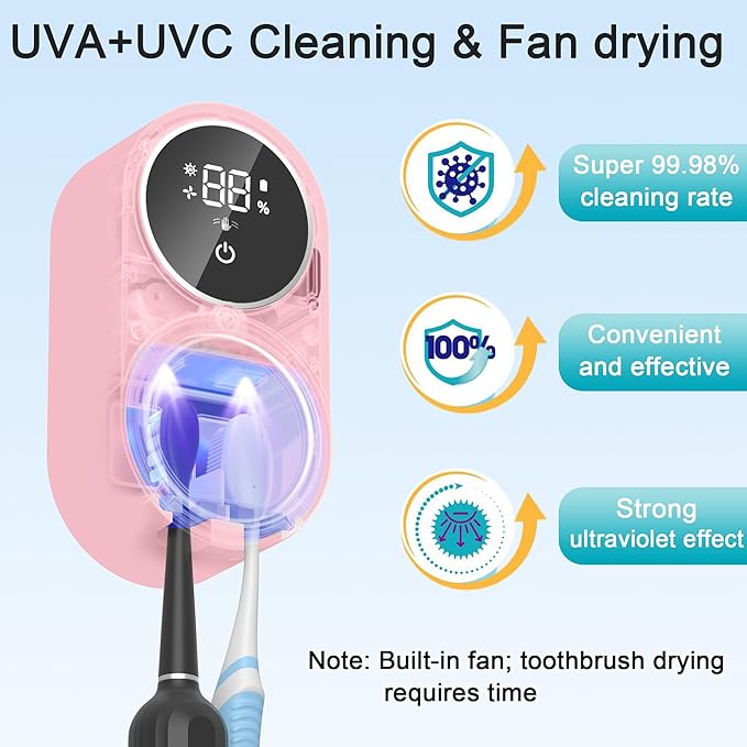 Toothbrush Holder and Cleaner Razor Holder/Dryer Light Cleaning and Air Drying Automatic Ratating Cover Rechargeable Wall Mounted for Bathroom Portable for Trip