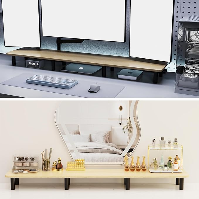 Large Extra Long Monitor Stand Riser 43.7in,Dual Monitor Riser, Wide TV Stand for 2 Monitors, Wood & Steel Leg Adjustable Height Desktop Riser, Home Office Organization. (Natural)