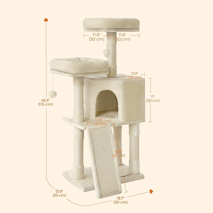 Feandrea Cat Tower, 45.3-Inch Cat Condo with Scratching Post, Ramp, Perch, Spacious Cat Cave, for Kittens, Elderly Cats, Adult Cats, Small Space, Beige UPCT141M01