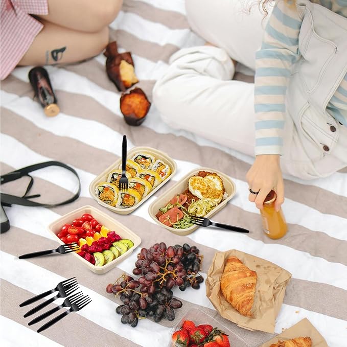 50 Pack 23 Oz Disposable Meal Prep Containers Paper Bowls with Lids and Forks Throw Away Containers for Food, Salad, Burrito, Deli