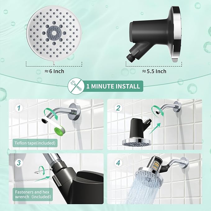 SR SUN RISE Filtered Shower Head with Filters- High Pressure Rain Shower Head,with 20-Stage shower Filter,6 Spray Modes for Hard Water Softener, Remove Chlorine & Heavy Metals (Chrome,5.5 Inch Round)