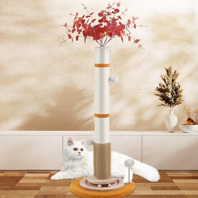 Cat Scratching Post,45'' Tall Scratching Post for Indoor Cats Adults,Cat Scratcher with 3.5Inch Diameter,Sisal Rope,Interactive Ball Toys,Self Groomer Brush for Large Cats Kittens