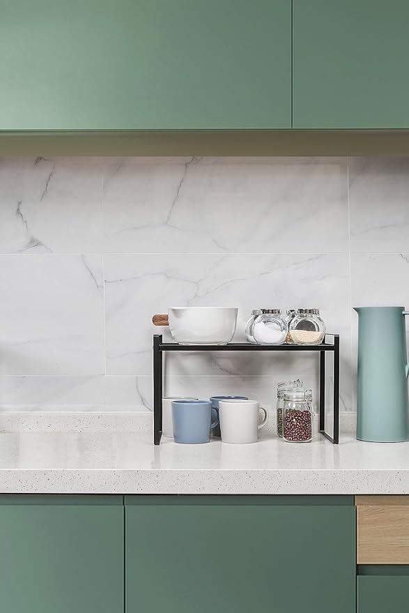 2Pack Kitchen Cabinet Shelf Counter Organizer Rack Pantry Storage Bathroom Bedroom Office Table Desk Space Saving Stackable Rust Resistant Non Slip Black Tall Wide L16.1in W10.6in H9.5in