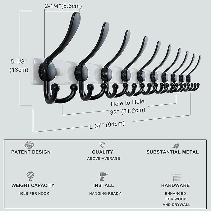 Dseap MaxStrong 2.0 Coat Rack Wall - 37” Long 10 Tri Hooks - Ultra Heavy-Duty Stainless Steel Wall Mount Coat Hanger, Hook Rail for Clothes Hats Jacket Towels White & Black