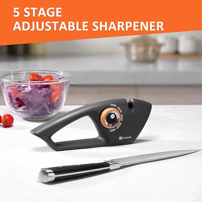 PAUDIN Knife Sharpener, Kitchen Knife Sharpener, 5 Stage Knife Sharpeners for Kitchen Knives, Pocket, Serrated Knives & Scissors, Blade Sharpening, Honing & Polishing Tool, Black