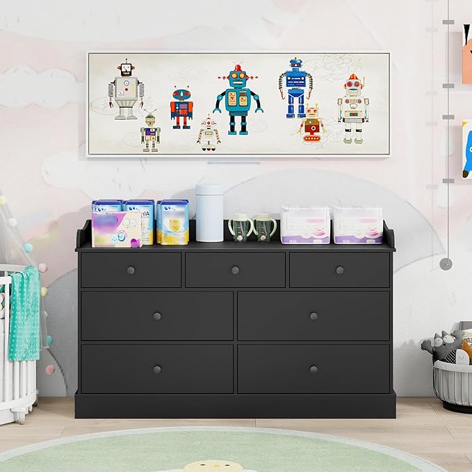 Vabches Kids Dresser Cabinet with 7 Drawers, Changing Table for Nursery, White Chest of Drawers, Baby Dresser, Kids Bedroom Furniture, Nightstand for Child’s Room, Black