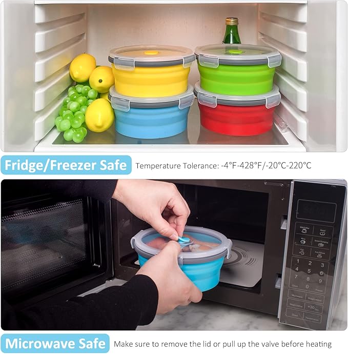 Collapsible Food Storage Containers with Airtight Lid, 27 oz, Kitchen Stacking Silicone Collapsible Meal Prep Container Set for Leftover, Microwave Freezer Dishwasher Safe, 4 Colors Round, Set of 4