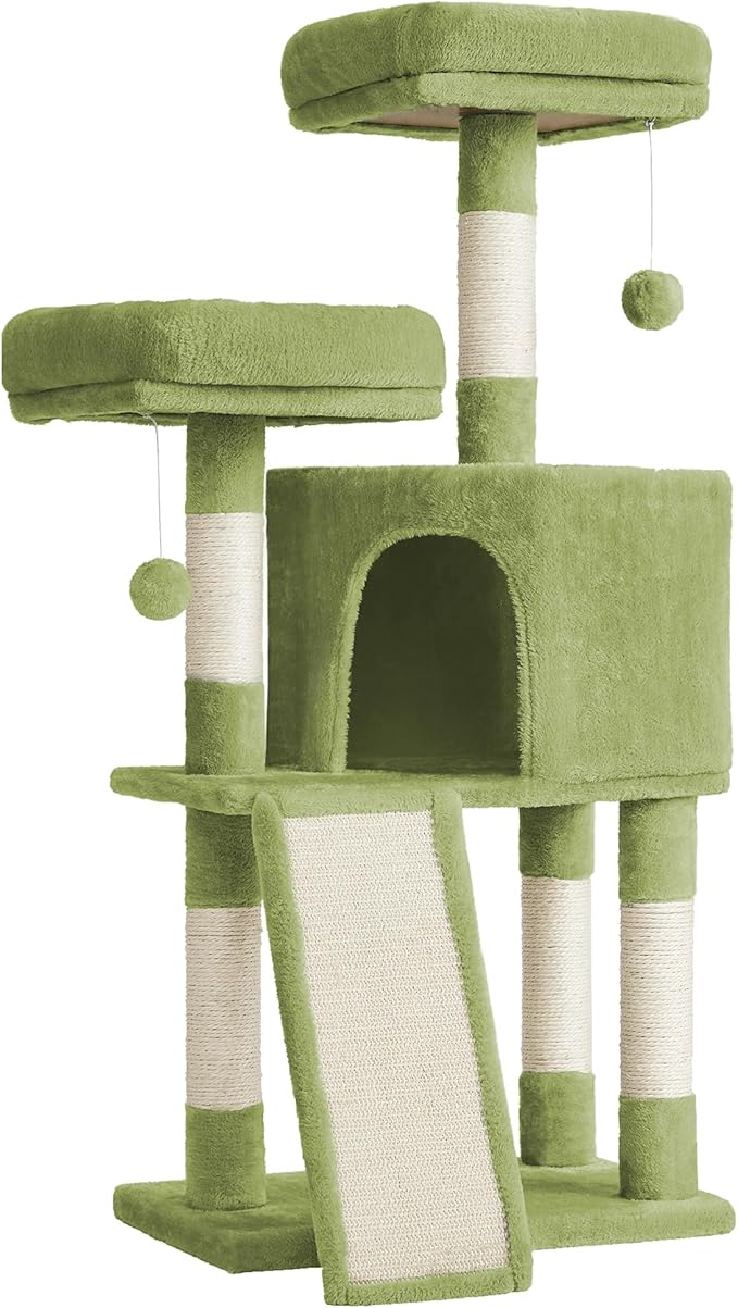 Feandrea Cat Tower, Cat Tree for Indoor Cats, 45.3-Inch Cat Condo with Scratching Post, Ramp, Perch, Spacious Cat Cave, for Kittens, Elderly Cats, Adult Cats, Small Space, Grass Green UPCT141C01