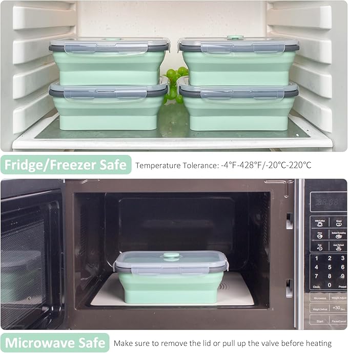 Collapsible Food Storage Containers with Lids & Vent, 27 oz, Kitchen Stacking Silicone Collapsible Meal Prep Container Set for Leftover, Microwave Freezer Dishwasher Safe, Mint Green, 4 Pack