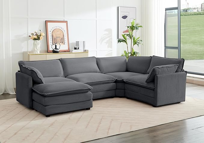ROWHY 113'' Modular Sectional Cloud Corner Couch, 5 Seater L Shape Sofa Big Comfy Corduroy Oversized Couch with 2 Pillows Movable Ottoman, Deep Seat Sectional Couches for Living Room Office Dark Grey