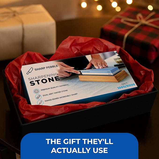 Sharp Pebble Premium Whetstone Knife Sharpening Stone 2 Side Grit 1000/6000 Waterstone- Whetstone Knife Sharpener- NonSlip Bamboo Base & Angle Guide