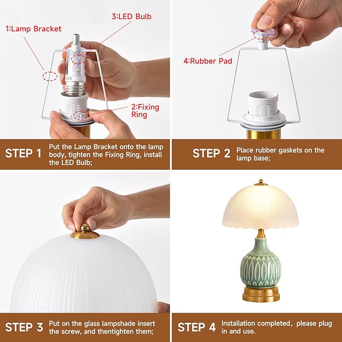 Table Lamps for Bedroom Vintage Golden Table Lamps for Bedroom Ceramic Retro Lamp for Living Room,16" Modern Bedside Nightstand Traditional Lamps, Classic Chinoiserie Green Glass Lamp for Home Decor