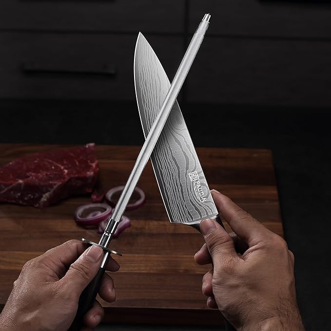 PAUDIN 10 Inch Honing Steel, Knife Sharpening Steel, Professional Carbon Steel Knife Sharpener Rod for Kitchen Knives