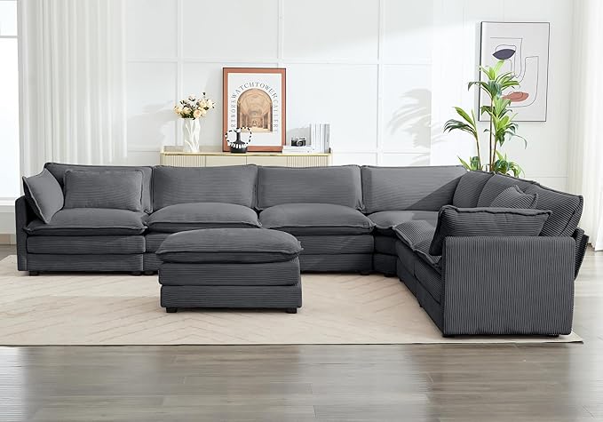 ROWHY 150'' Modular Sectional Corner Cloud Couch, 7 Seater Sofa Big Comfy Corduroy V Shaped Couch with 4 Throw Pillows, Movable Ottoman, Couches for Living Room Office Dark Grey
