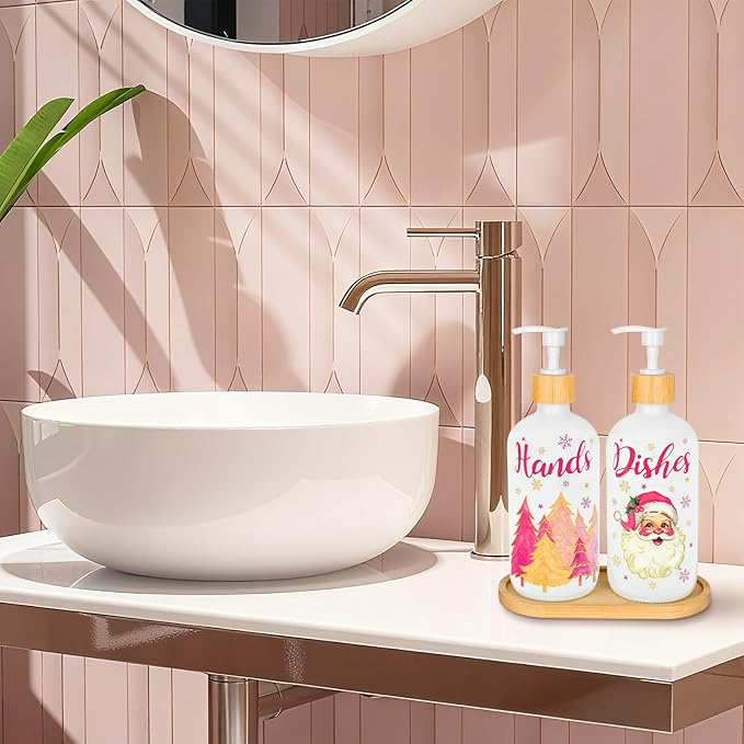 2Pcs Christmas Soap Dispenser Refillable Liquid Container Pink Gold Xmas Tree Santa Snowflake Glass Soap Dispenser with Pump for Holiday Home Kitchen Countertop Decor