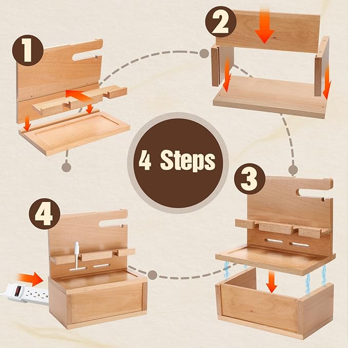 Beechwood Nightstand Organizer with Cable Management Box - Phone Docking Station Gifts for Him Men Boyfriend Husband Birthday Anniversary, Light Yellow