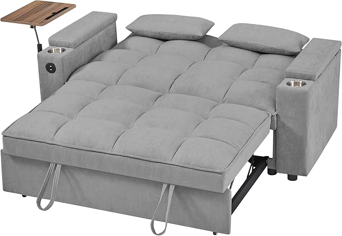 65'' Convertible Sofa Bed 3-in-1 Pull Out Couch, Folding Sleeper Sofa with 360° Swivel Side Table, Modern Chenille Fabric Futon, Small Space Living Room Furniture, Easy Assembly
