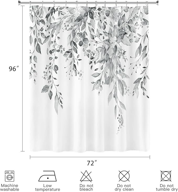 Extra Long Eucalyptus Shower Curtain 72 x 96 Inch, Grey Botanical Floor to Ceiling X-Long Shower Curtain, Watercolor Plant Leaves with Floral Decorative Bathroom Curtain with Hooks